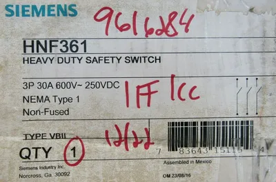 NEW SIEMENS HNF361 SAFETY SWITCH 30A 600V 3P