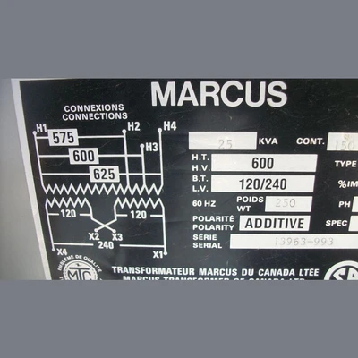 25 KVA 600-120/240 Single Marcus Phase Transformer.
