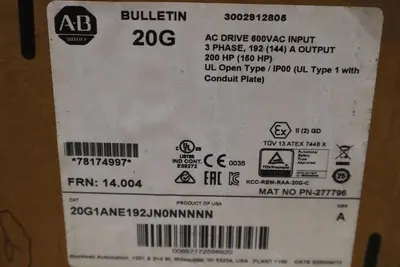 Allen Bradley 20G1ANE192JN0NNNNN PowerFlex 755 PARTS ONLY DRIVE STOCK SGF-3