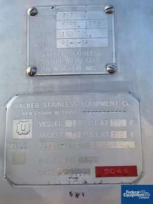 USED Walker 150 Gal Walker Jacketed Tank, S/S