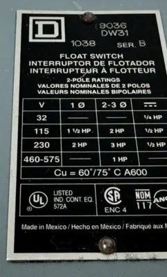 NEW SQUARE D 9036-DW31 FLOAT SWITCH SER. B 9036DW31