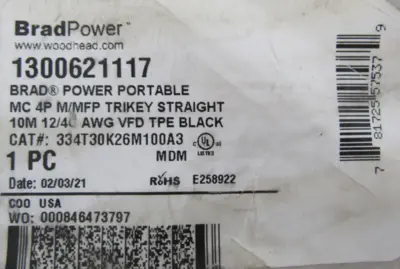 NEW WOODHEAD 1300621117 POWER CABLE 334T30K26M100A3 4P 10M 12/4C