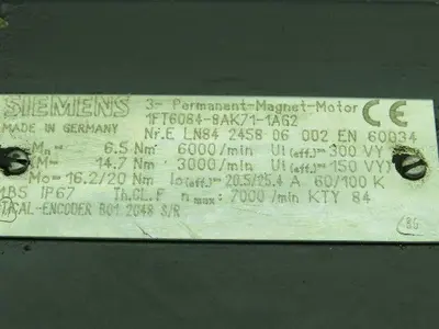 Siemens 1FT6084-8AK71-1AG2 3 Phase Permanent Magnet Motor