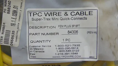 TPC Wire & Cable 84306 Cable Fem Plug 3P 6ft Rev.H New NIB