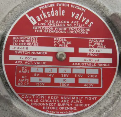 NEW BARKSDALE DIX-H18 PRESSURE SWITCH DIXH18