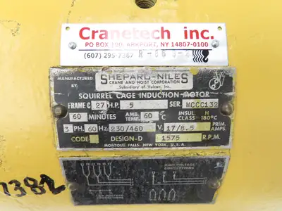 Shepard Niles C27 Squirrel Cage Crane Hoist AC Motor 5Hp 1575 RPM 230/460V 3PH