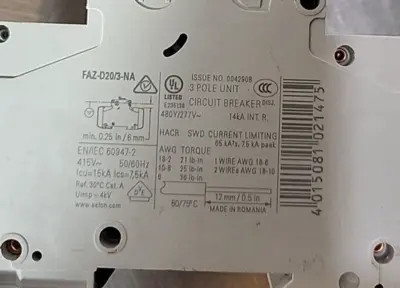Eaton FAZ-D20/3-NA Amp 240 VAC 3 Pole xEffect Circuit Breaker(BIN3.5.2)