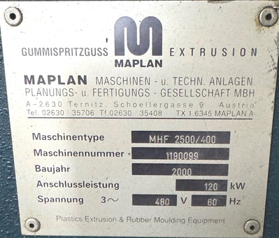 400T/2500CC Maplan Injection Press, Item # 1935
