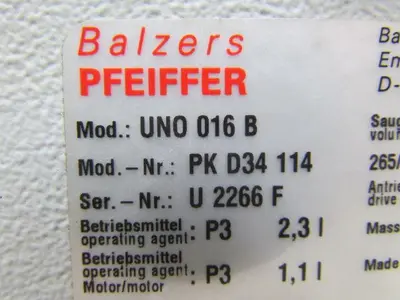 Pfeiffer UNO-016-B Rotary Vane Vacuum Pump .74 HP 265/460V 60 Hz