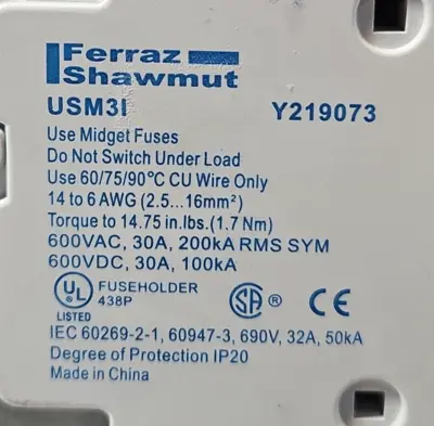 Ferraz Shawmut USM3I 3 Pole Fuse Holder 600V 30A loc4D34