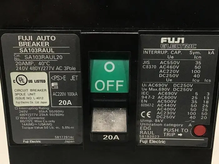 Used FUJI ELECTRIC SA103RAUL20 Circuit Breakers Michigan US | Ideal Machinery #570966