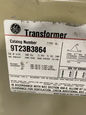 9T23B3864 | GE Transformer  Type QL 50.0 kVA 60Hz 3 PH 5.9% 1MP 480V-208/120V - Used