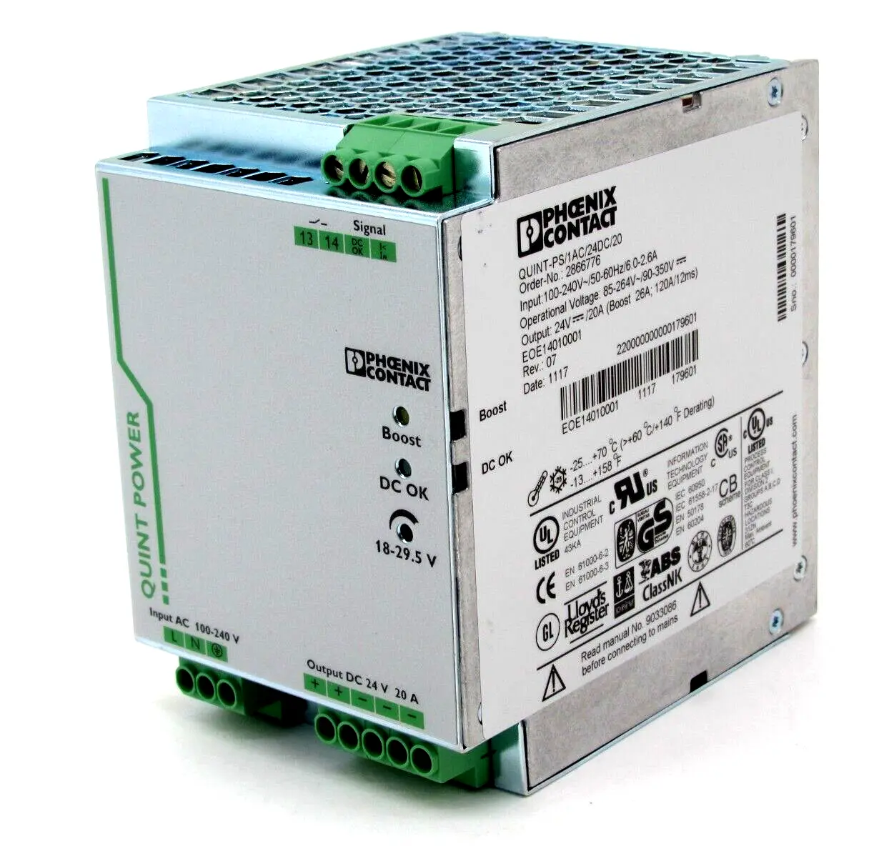 NEW PHOENIX CONTACT QUINT-PS/1AC/24DC/20 POWER SUPPLY 2866776 QUINTPS1AC24DC20
