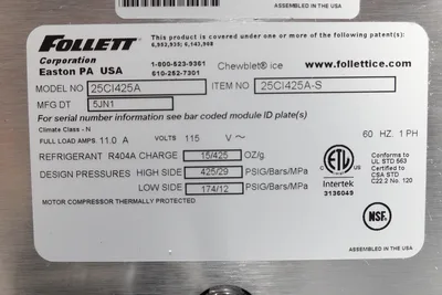 FOLLET 425 LBS AIR COOLED ICE MAKER/WATER DISPENSER (CHEWABLE ICE) MODEL 24CI425A-S