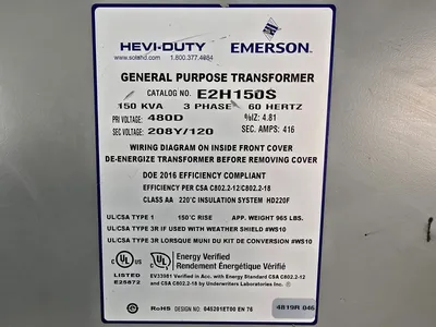 150 KVA Emerson Dry Transformer 480 Delta 208Y/120 E2H150S 3 PHASE USED