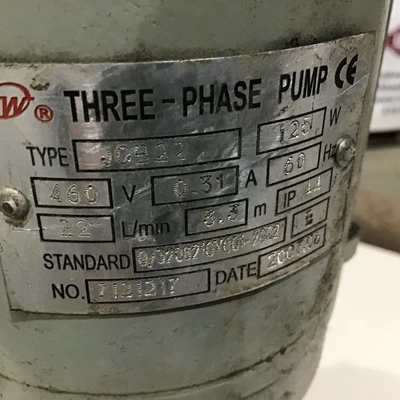 TW JCB45 Three Phase Pump 460V 0.31A 60Hz 125W IP44