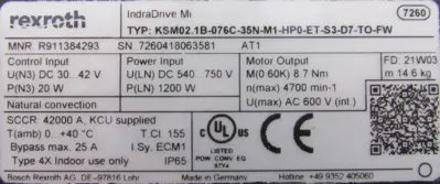 USED REXROTH R911384293 SERVO MOTOR KSM02.1B-076C-35N-M1-HP0-ET-S3-D7-TO-FW