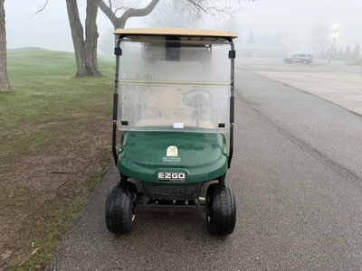(1) 2015 E-Z-Go golf cart with a Kawasaki gas engine, includes canopy, ball cover, club cover, fold-...