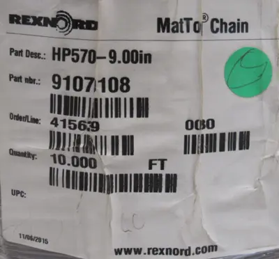 NEW REXNORD HP570-9.00IN MATTOP CHAIN 10'L x 9"W 91070108