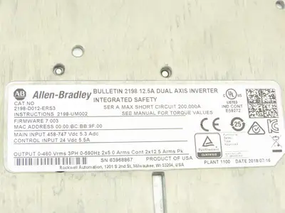 Allen Bradley 2198-D012-ERS3 Kinetix 5700 AC Servo Drive Dual Axis Inverter