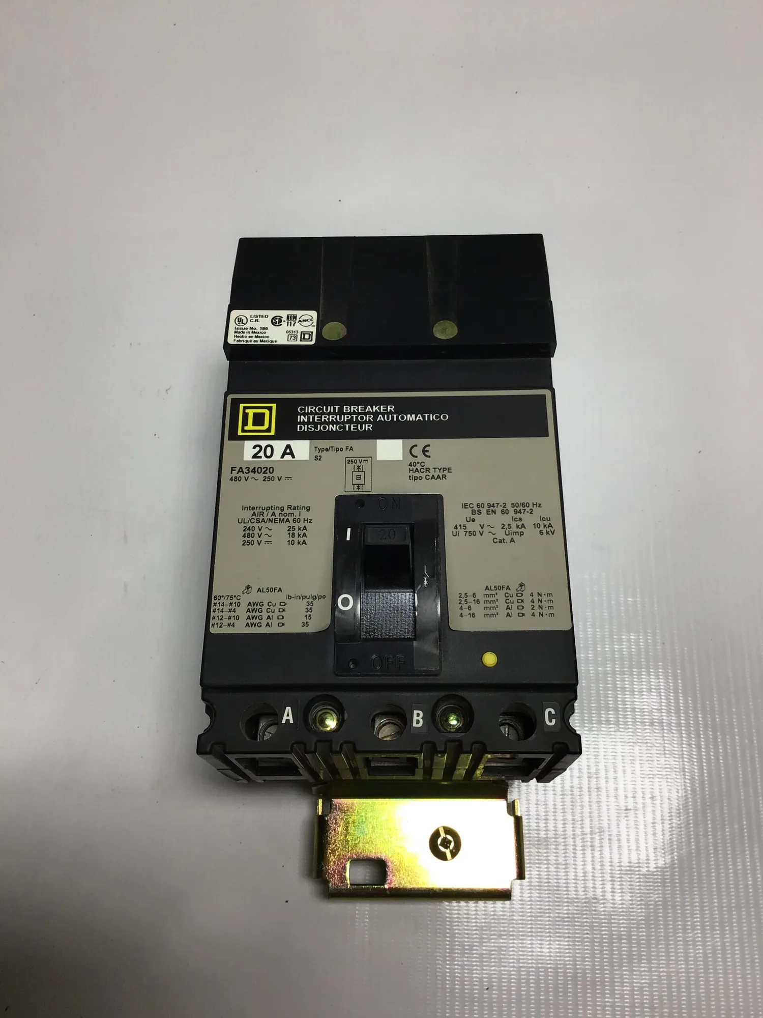 Square D FA34020 Circuit Breaker 3 Pole Type FA S2 250/480V 20A 50/60Hz