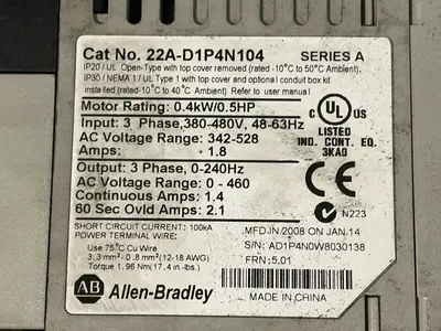 Used 2008 ALLENBRADLEY 22AD1P4N104 Variable Speed Drives Ohio US | HGR 24 #1324418