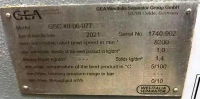 GEA Westfalia GSC 40-06-077 Hydrostop beer clarifier skid, 316SS.