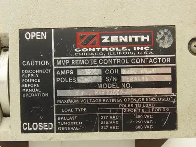 Zenith Controls MVP Remote Control Contactor 2 Pole 75 Amp 240V Coil 600V Load