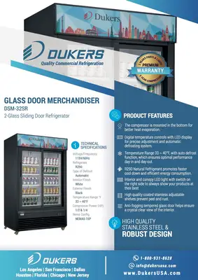 New | in-Stock Dukers New Dukers DSM-32SR Commercial Glass Sliding 2-Door Merchandising Reach-in Cooler Refrigerator Display Refrigerators Illinois US | Falcon Restaurant Supply #1376367