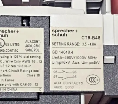 SPRECHER SCHUH Solid State Overload Relay Contactor CA8-09-10 CT8-B48
