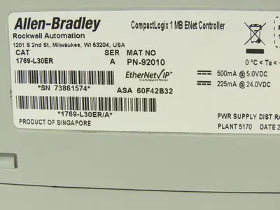 Allen Bradley 1769-L30ER CompactLogix 1MB Ethernet Controller Ser A FW 1.002
