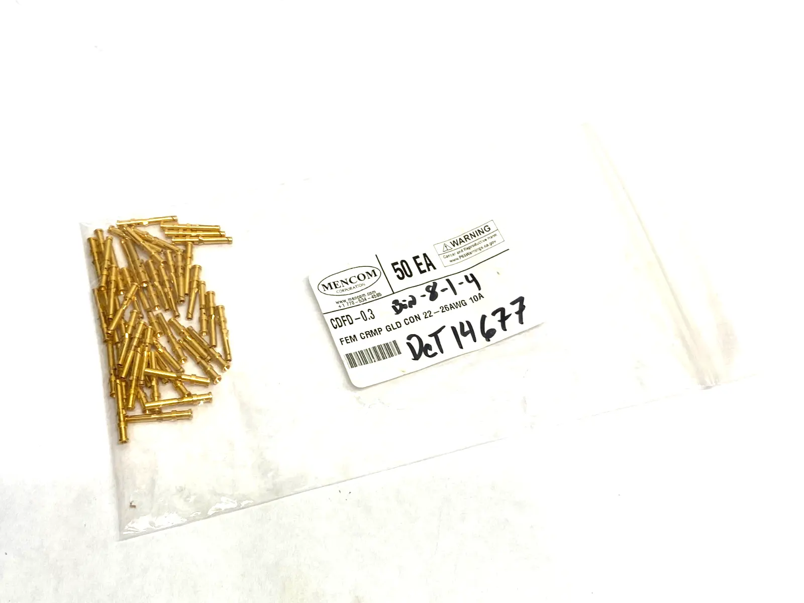 Mencom CDFD-0.3 Female Crimp Contact, Gold, Con 22-26AWG 10A PKG OF 50