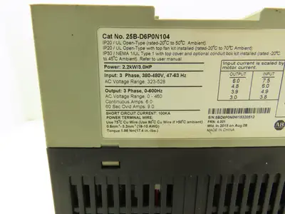 Allen Bradley 25B-D6P0N104 Powerflex 525 3Hp VFD AC Drive 480V 50/60Hz FRN 4.001