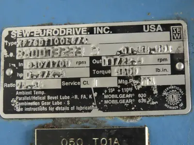 Sew KF76DT100L8/4 75.56:1 Ratio 11-22.5RPM 1.2/2.5 Gear Reducer