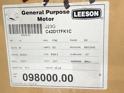 New | in-Stock LEESON DC Electric Motor 0.50HP 1750RPM 90V 098000.00 D.C. Motors Michigan US | Maverick Industrial Sales #1400756