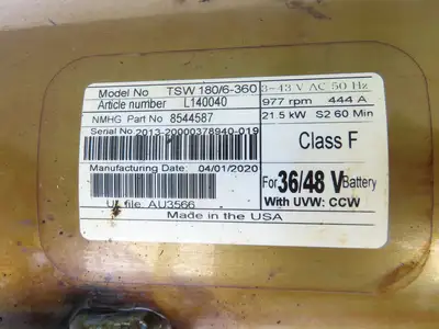 Hyster 8544587 Forklift Traction Drive Motor 48V 21.5kW Off E100XN TSW 180/6-360