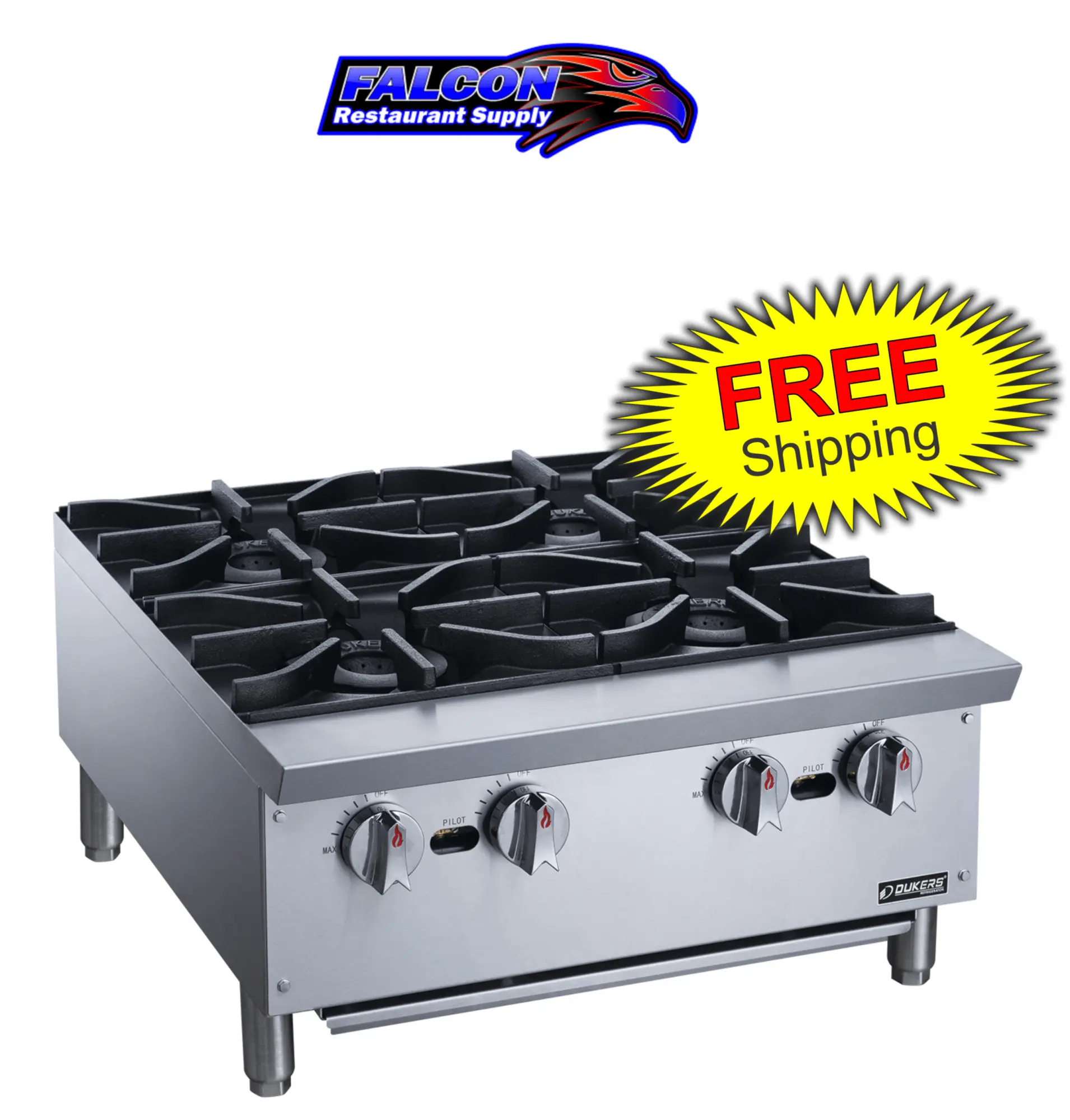 New | in-Stock Dukers New Dukers DCHPA24 Hot Plate with 4 Burners Hot Plates Illinois US | Falcon Restaurant Supply #1376246
