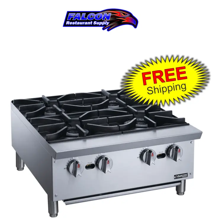 New | in-Stock Dukers New Dukers DCHPA24 Hot Plate with 4 Burners Hot Plates Illinois US | Falcon Restaurant Supply #1376246