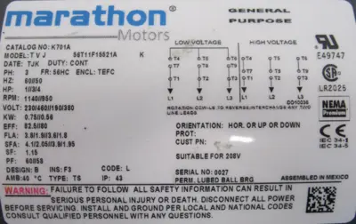 NEW MARATHON K701A MOTOR 1-3/4HP 230/460V 056T11F15521
