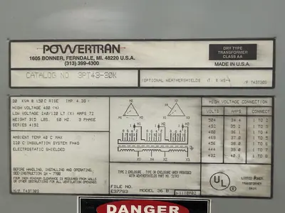 Used POWERTRAN 3PT43-30K Transformers Michigan US | Ideal Machinery #1260277