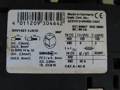 Siemens 3RV1421-1JA10 Circuit Breaker W/Adapter Plug 8US1 051-5DJ07 Assy.
