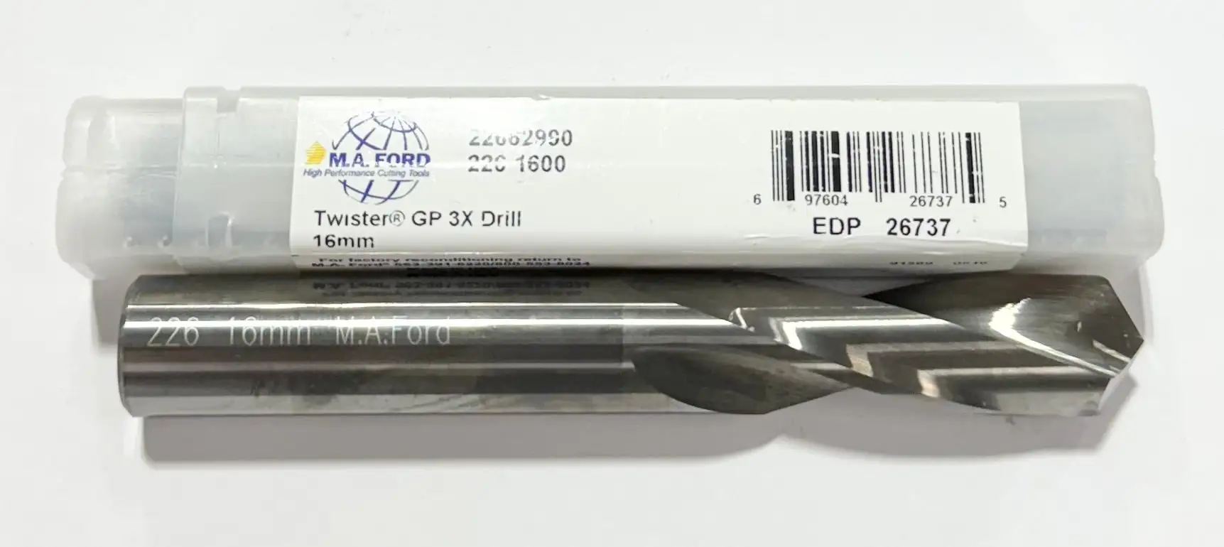 M.A. Ford Twister 16mm Solid Carbide Stub Drill 118° 2 Flute USA Made