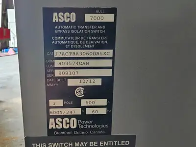 Used 2012 ASCO J7ACTBA30600R5XC Switchgears British Columbia CA | Lenmark #1426976