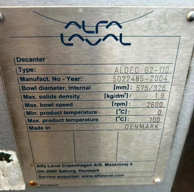 (3) Alfa-Laval ALDEC G2-110 Smart decanter centrifuges, Duplex SS.