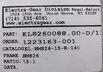 NEW ELECTRA GEAR EL-BM826-15-R-140 REDUCER 15:1 ELBM82615R140