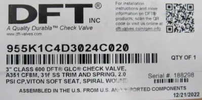 NEW DFT 955K1C4D3024C020 CHECK VALVE 3"