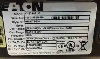 EATON IQ150S ELECTRONIC POWER METER IQ150SA6112 2C