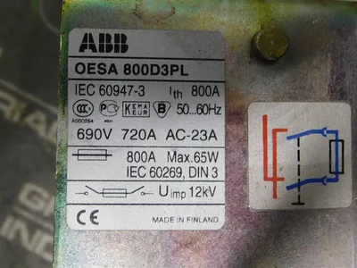ABB OESA 800D3PL PowerLine Fused Switch 690V 720A 800A Max. 65W For Parts