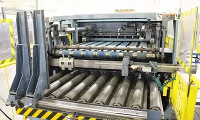 Aizawa #ARS-312, Auto Shear Cutting & Piling Line, 1/8" x 49" shear, 52.6 FPM, 150 SPM, cnc Back Gauge, magnetic feeder, roller & lifter, conveyors
