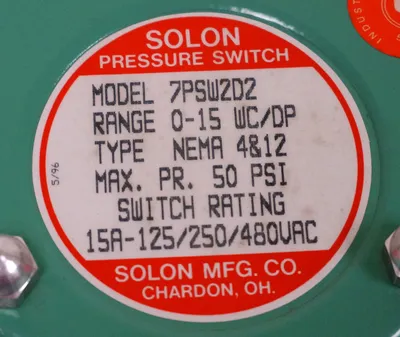 NEW SOLON 7PSW2D2 PRESSURE SWITCH 0-15 WC/DP